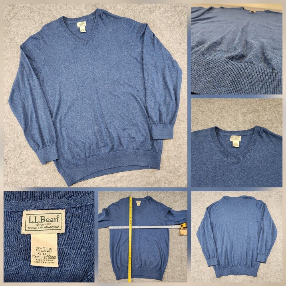 LL Bean Mens XLT XL T Tall Cotton Cashmere Knit Soft V Neck Blue Sweater 275552‎